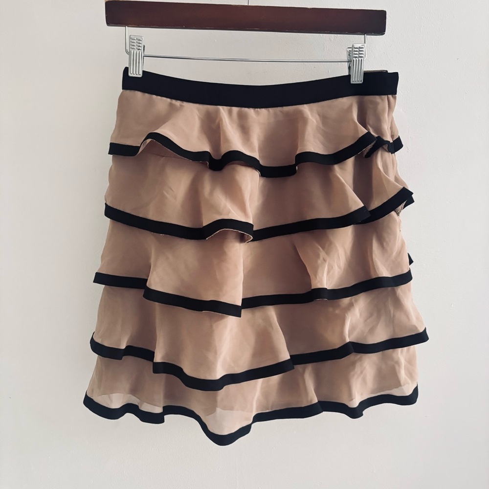 H&M Chiffon Tan Black Ribbon Ruffle Tiered Skirt Size 6